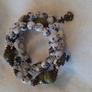 CelticCross, Dappled White Connemara Marble, Rosary Wrapped Bracelet